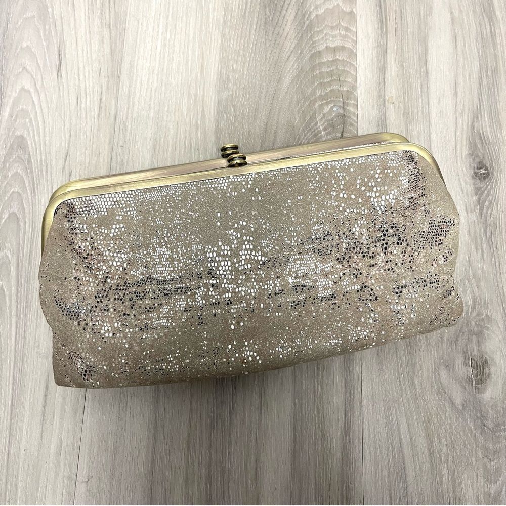HOBO Metallic Gold Beige Glitter Frame Clutch Wallet